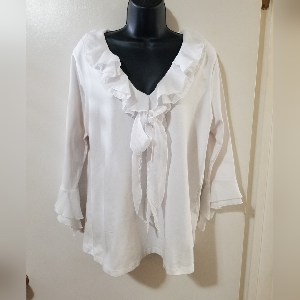 Jones New York White Ruffle Tie-Neck Blouse